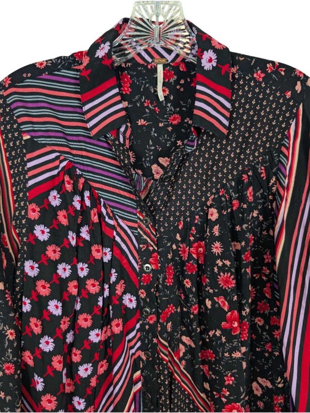 Free People Womens XS Mixed Print Button Front Blouse Boho Floral Striped Viscos - Picture 4 of 16